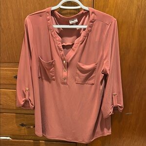 Crown & Ivy Pink Blouse with 3/4 Sleeves and Mandarin Collar